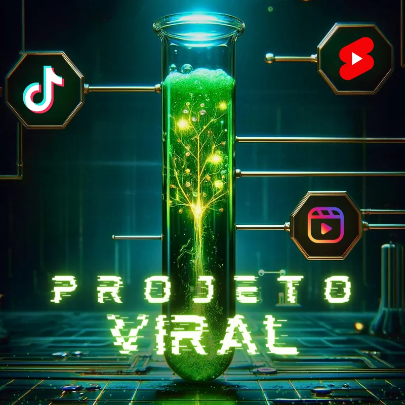 Arte Projeto Viral: uma fórmula verde luminosa em um tubo de laboratório, conectada a TikTok, Reels e Shorts.