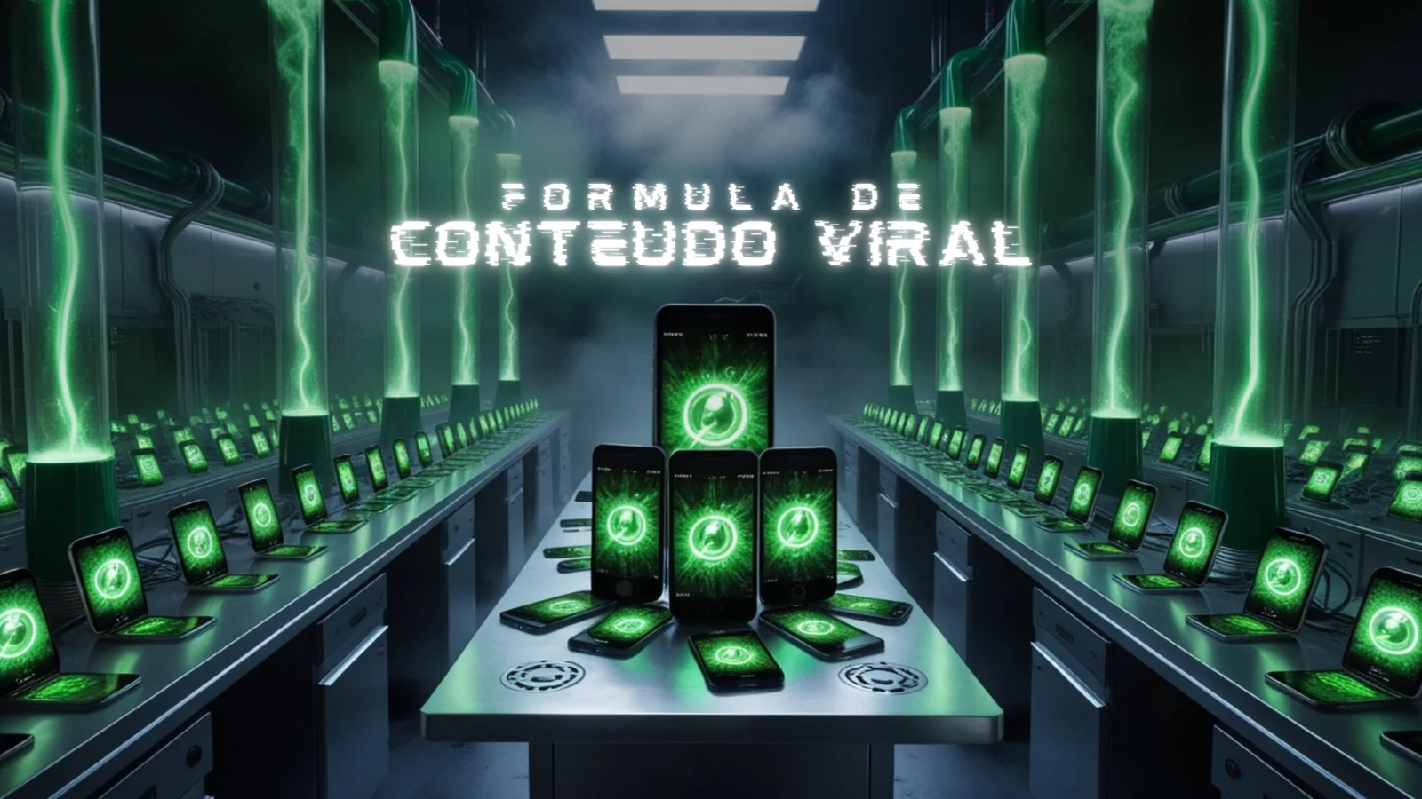 Laboratório da Fórmula de Conteúdo Viral, com tubos verdes luminosos e celulares.