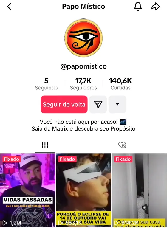 Perfil @papomistico no TikTok com 17,7 mil seguidores, 140,6 mil curtidas e vídeos fixados com 1,2 milhão, 563 mil e 814 mil visualizações.
